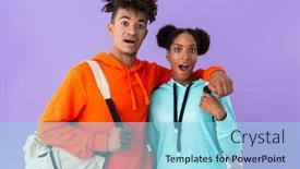  Presentation with african violet - Cool new presentation theme with photo of joyous african american brother and sister wearing backpacks hugging together isolated over violet background backdrop and a arctic colored foreground