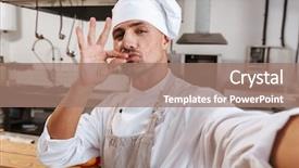  Presentation with restaurant kitchen - Colorful presentation theme enhanced with chiefs - photo of joyous male chief backdrop and a coral colored foreground