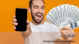  Presentation with man holding phone - Beautiful PPT layouts featuring photo of joyous man 30s backdrop and a coral colored foreground