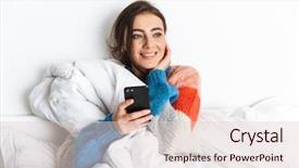  Presentation with mobile home - PPT theme with photo of joyous woman 20s background and a lemonade colored foreground