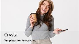  Presentation with takeaway coffee - Cool new PPT theme with photo of joyous woman 30s backdrop and a light gray colored foreground