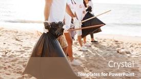  Presentation with eco plastic - PPT layouts having photo of kind eco volunteers people cleaning beach from plastic with trash bags at seaside background and a coral colored foreground