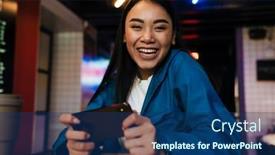  Presentation with video game - Amazing PPT layouts having photo-of-laughing-asian-woman backdrop and a ocean colored foreground