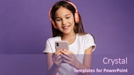  Presentation with photo - Audience pleasing presentation theme consisting of photo-of-laughing-attractive-girl backdrop and a violet colored foreground