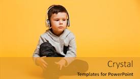 Presentation with yellow music - Audience pleasing slide deck consisting of photo of little boy child sitting on floor isolated over yellow background looking aside listening music with headphones backdrop and a gold colored foreground