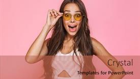  Presentation with photo - Slide deck consisting of photo of lovely woman 20s wearing sunglasses having fun and laughing isolated over pink background background and a red colored foreground