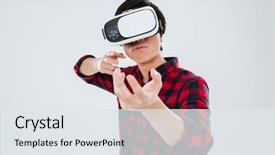  Presentation with cage - Audience pleasing slide deck consisting of photo of man dressed in casual shirt in a cage and wearing virtual reality device and holding an imagined gun in hands isolated over white background look at camera backdrop and a sky blue colored foreground