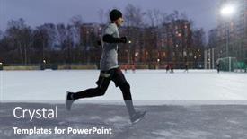  Presentation with winter sports - Amazing theme having photo of man in black sports clothes running along winter park against background of houses backdrop and a gray colored foreground