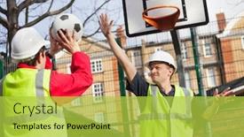  Presentation with basketball - Slide set with photo-of-manual-workers-playing background and a yellow colored foreground