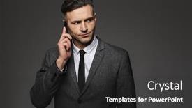  Presentation with masculine - Presentation having photo of masculine man 30s dressed in businesslike costume working in office and talking on phone about business isolated over gray background background and a dark gray colored foreground