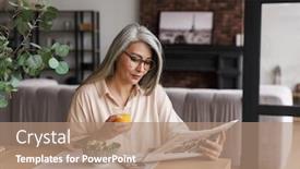  Presentation with photo - Amazing presentation theme having photo-of-mature-concentrated-woman backdrop and a coral colored foreground