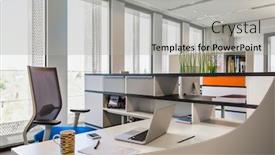  Presentation with board meeting room chairs - PPT layouts with photo-of-modern-office-meeting background and a light gray colored foreground