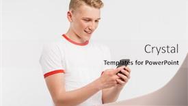  Presentation with scrolling - Cool new theme with photo of modern youngster wearing casual clothing typing or scrolling social networking on cell phone isolated over white background backdrop and a lemonade colored foreground