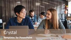  Presentation with joyful - Beautiful presentation theme featuring photo-of-multinational-joyful-students backdrop and a coral colored foreground