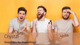  Presentation with photo - Amazing PPT theme having photo of nervous young group of men friends standing isolated over yellow background play games with joysticks backdrop and a coral colored foreground