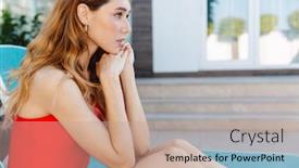  Presentation with lounge - Beautiful presentation theme featuring photo-of-nice-woman backdrop and a coral colored foreground