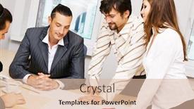  Presentation with discussion - Presentation theme consisting of photo of office workers having a discussion background and a lemonade colored foreground