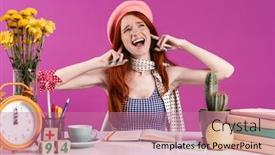  Presentation with photo - Amazing presentation theme having photo of outraged student girl plugging her ears with fingers while doing homework isolated over purple background backdrop and a coral colored foreground
