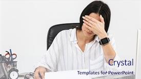  Presentation with overworked - PPT theme having photo of overworked brunette businesswoman background and a sky blue colored foreground
