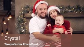  Presentation with parents - Slide set consisting of photo of parents in santa's caps with little son in apartment background and a tawny brown colored foreground