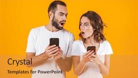  Presentation with cell phones - Audience pleasing slide set consisting of photo of perplexed man backdrop and a gold colored foreground