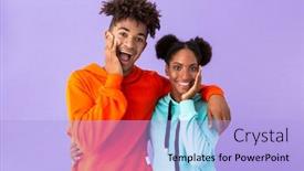  Presentation with african violet - Audience pleasing presentation consisting of photo of pleased african american guy and girl standing together and laughing isolated over violet background backdrop and a light blue colored foreground