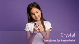  Presentation with cheerful stylish city girl using - Presentation design having photo-of-pleased-attractive-girl background and a violet colored foreground