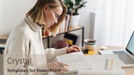  Presentation with living room - Beautiful PPT theme featuring photo-of-pleased-attractive-woman backdrop and a coral colored foreground