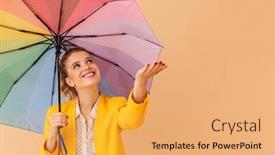  Presentation with photo - Beautiful PPT theme featuring photo-of-pleased-charming-woman backdrop and a yellow colored foreground