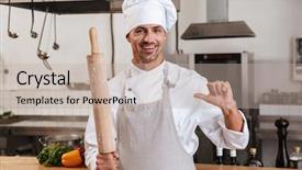  Presentation with restaurant kitchen - Slides featuring chiefs - photo of pleased male chief background and a  colored foreground