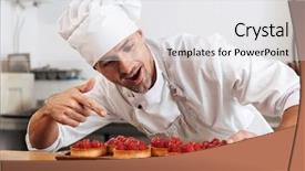  Presentation with restaurant kitchen - Beautiful PPT theme featuring chiefs - photo of pleased male chief backdrop and a  colored foreground