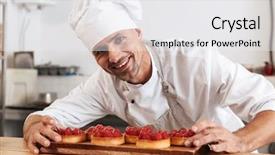  Presentation with restaurant kitchen - Slide set with chiefs - photo of pleased male chief background and a white colored foreground