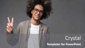  Presentation with afro - Audience pleasing presentation theme consisting of photo of pleased unshaven man with afro hairstyle poising and showing peace sign isolated over gray background backdrop and a gray colored foreground