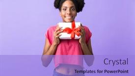  Presentation with african violet - Presentation featuring photo of positive african american woman smiling and holding gift box with red bow isolated over violet background background and a light blue colored foreground