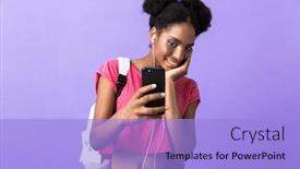  Presentation with african violet - Beautiful presentation theme featuring photo of positive african american woman student wearing backpack and white headphones holding smartphone isolated over violet background backdrop and a light blue colored foreground