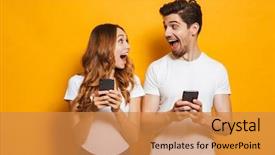  Presentation with nurses and mobile phones - PPT theme with photo of positive excited people background and a gold colored foreground