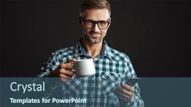  Presentation with man holding phone - Beautiful presentation theme featuring photo-of-positive-grey-haired backdrop and a ocean colored foreground