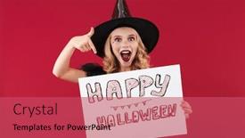  Presentation with carnival - Slide deck having photo of positive happy cheery little girl witch in carnival halloween costume isolated over red wall background holding copyspace blank with halloween text background and a red colored foreground