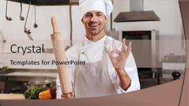  Presentation with restaurant kitchen - Presentation theme with chiefs - photo of positive male chief background and a  colored foreground