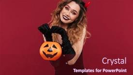  Presentation with demon - Slide set featuring photo of positive woman demon background and a tawny brown colored foreground