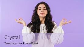  Presentation with purple wall - Colorful presentation theme enhanced with photo-of-positive-young-brunette backdrop and a light blue colored foreground