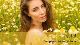  Presentation with smell - Presentation design with photo of pretty brunette woman in chamomile field cute female enjoying smell of daisy sweet girl with closed eyes relaxed on flowers meadow spring nature having fun outdoor background and a yellow colored foreground
