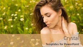  Presentation with smell - Cool new theme with photo of pretty brunette woman in chamomile field cute female enjoying smell of daisy sweet girl with closed eyes relaxed on flowers meadow spring nature having fun outdoor backdrop and a yellow colored foreground