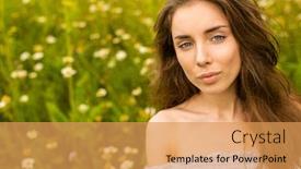  Presentation with smell - Colorful theme enhanced with photo of pretty brunette woman in chamomile field cute female enjoying smell of daisy sweet girl with closed eyes relaxed on flowers meadow spring nature having fun outdoor backdrop and a yellow colored foreground