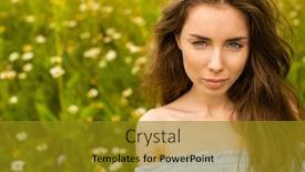  Presentation with smell - Presentation theme with photo of pretty brunette woman in chamomile field cute female enjoying smell of daisy sweet girl with closed eyes relaxed on flowers meadow spring nature having fun outdoor background and a gold colored foreground