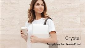  Presentation with takeaway coffee - Presentation with photo of pretty european business woman walking against beige wall outdoor with silver laptop and takeaway coffee in hands background and a lemonade colored foreground