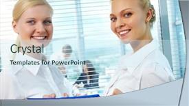  Presentation with females - Presentation theme enhanced with photo of pretty females looking at camera while planning new project in office background and a sky blue colored foreground