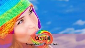  Presentation with christmas candy - Colorful PPT layouts enhanced with photo of pretty girl eating sugar candy outdoor in wintertime closeup portrait of beautiful female wearing warm colorful hat and licking lollipop christmas sweets sweet food winter vacation backdrop and a coral colored foreground