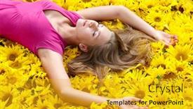 Presentation with girl mentor - PPT theme with photo of pretty girl lying on sunflowers and having pleasure background and a gold colored foreground
