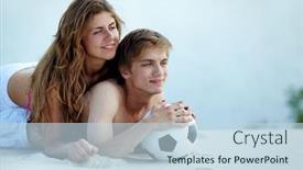  Presentation with beach ball - Audience pleasing slide set consisting of photo of pretty girl and handsome guy with ball lying on sandy beach backdrop and a sky blue colored foreground